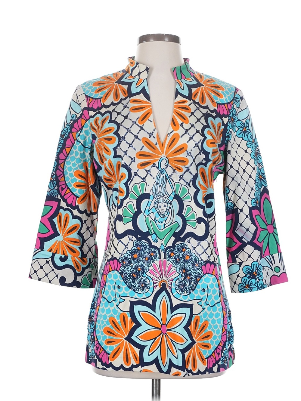 Lilly Pulitzer Orange Teal Pink Navy Floral Notch-Neck Tunic